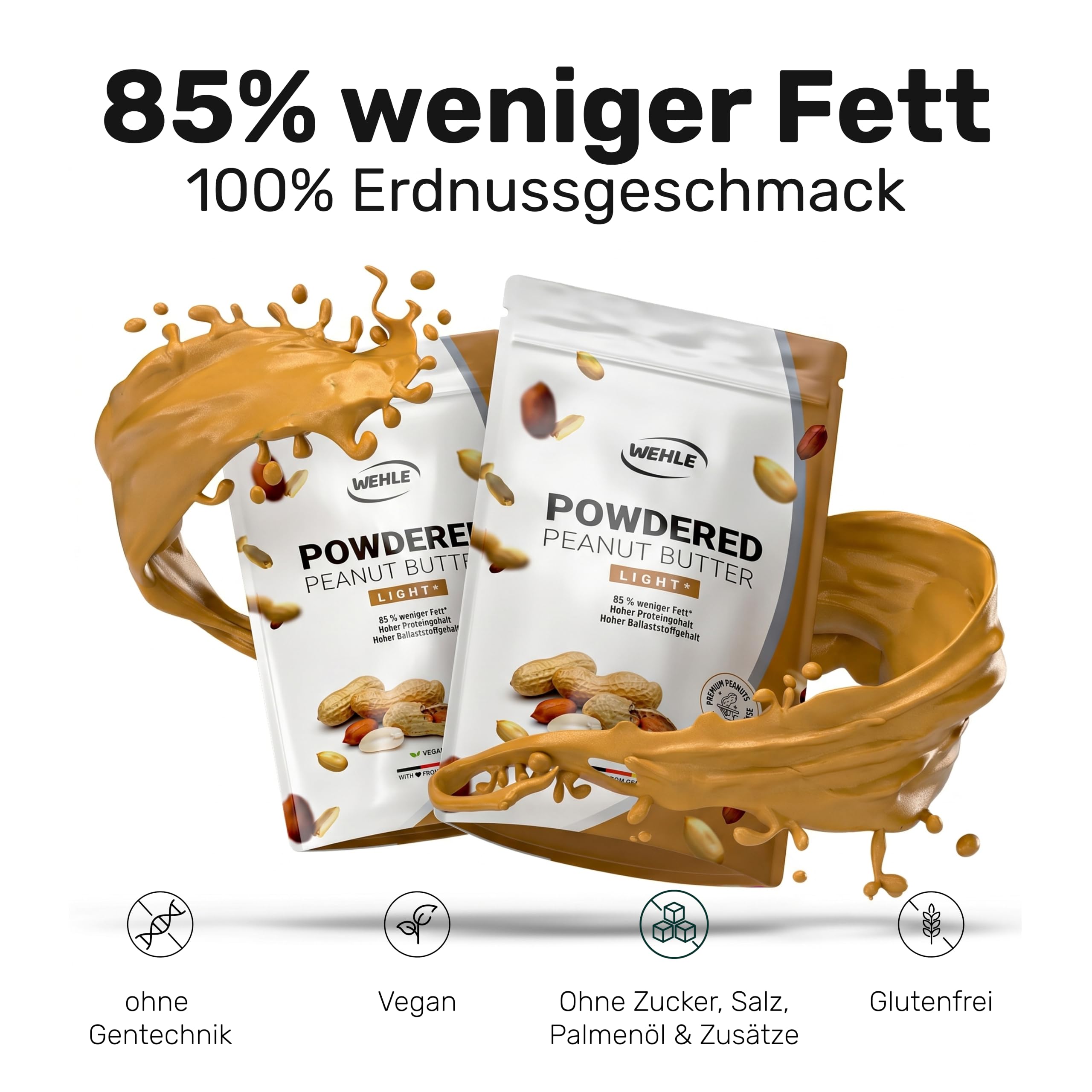 Erdnussbutter light Pulver 500g - Powdered Peanut Butter 85% weniger Fett, ohne Zucker I Peanut Creme mit leckerem Geschmack, Wehle Sports - Verpackung kann variieren 2