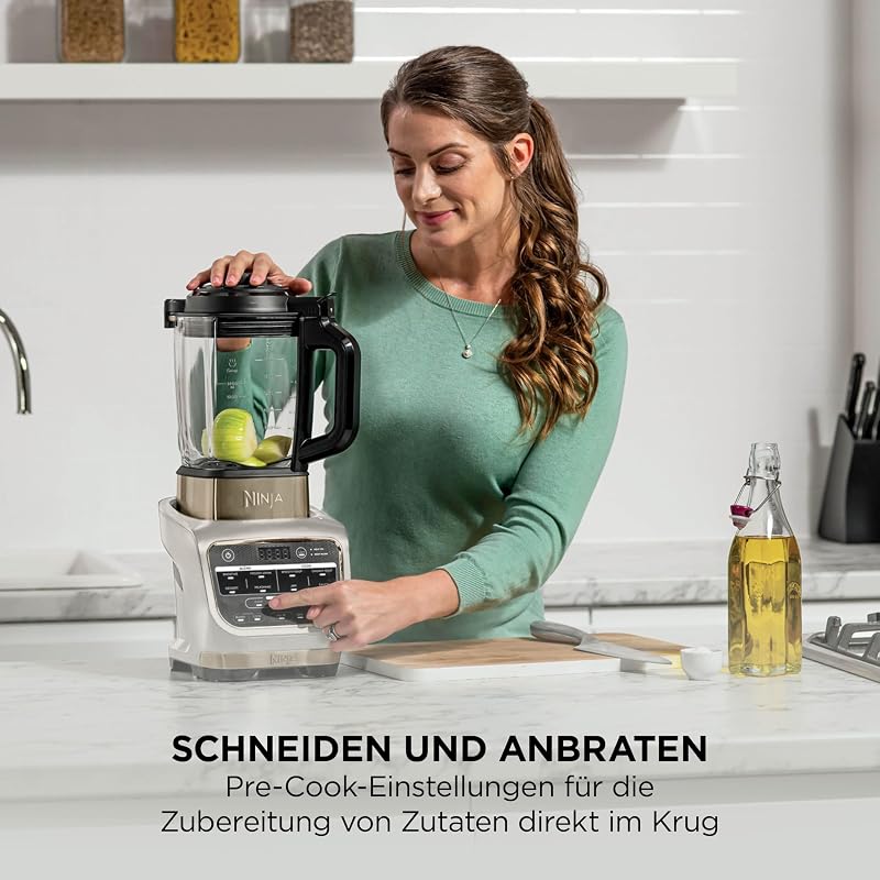 Foodi Mixer & Suppenbereiter, 10 Auto-iQ-Programme, 1,7L Glaskrug, heißer & kalter Mixer, integriertes Heizelement, Stampfer, Reinigungsprogramm & Bürste, 1000W, Stone/Gold HB150EUSTGD