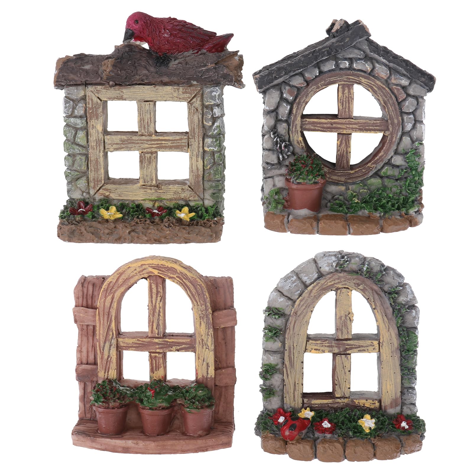 Happyyami Fairy Garden Accessories Fish Tank Succulent Flower Pot 4Pcs Resin Miniature Windows for Diy Aquarium Landscape Home and Office Decor