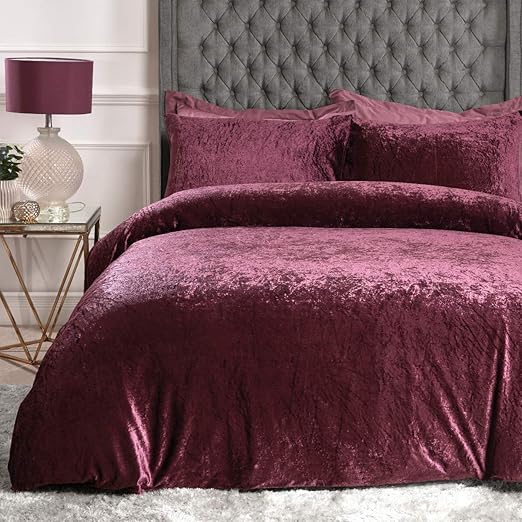 Sleepdown Crushed Velvet Plum Soft Duvet Cover Quilt Bedding Set With