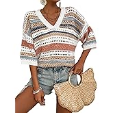 Acelitt Womens Short Sleeve Crochet Knit Sweater Hollow Out Striped Tops Beach Vacation Cruise Outfits