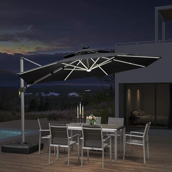 Amazon Com Purple Leaf 12ft Solar Powered Led Patio Umbrella Outdoor Round Umbrella Large Cantilever Umbrella With Led Lights Windproof Offset Umbrella Heavy Duty Sun Umbrella For Garden Deck Pool Patio Grey