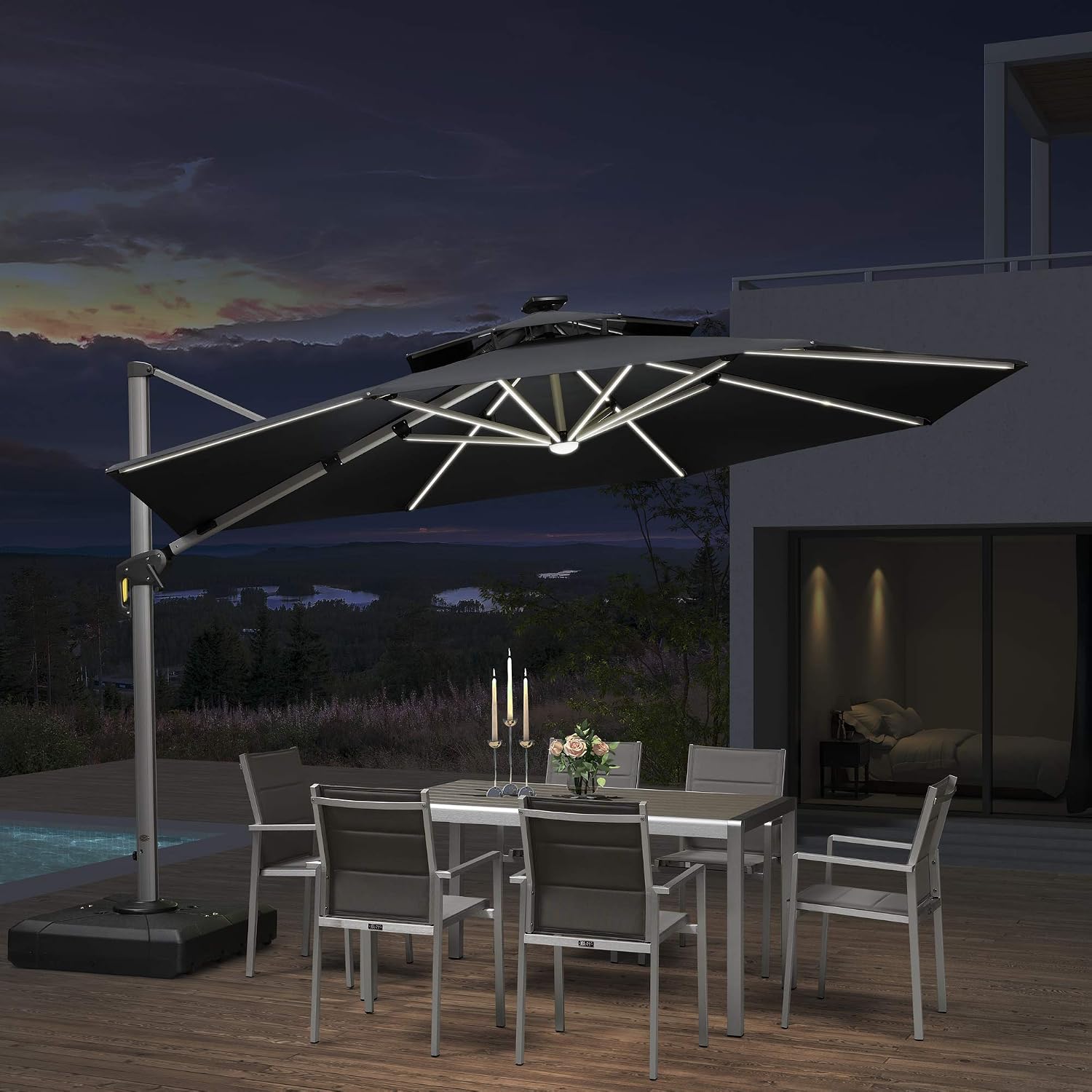 Purple Leaf 12 Feet Double Top Deluxe Solar Powered Led Round Patio Umbrella Offset Hanging Umbrella Outdoor Market Umbrella Garden Umbrella Black Amazon In Garden Outdoors