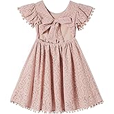 Niyage Backless Toddler Dress Open Back Girls Lace Bow Tie-Back Pom Pom Flutter Sleeves Party Princess Dresses