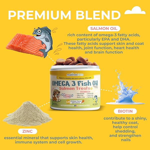 OMEGA 3 SOFT CHEWS – SALMON OIL FOR DOGS SKIN AND COAT SUPPORT, ITCH RELIEF & SHEDDING SUPPORT – EPA & DHA DOG FISH OIL FATTY ACIDS – 120 CHEWS BY MAKONDO PETS.