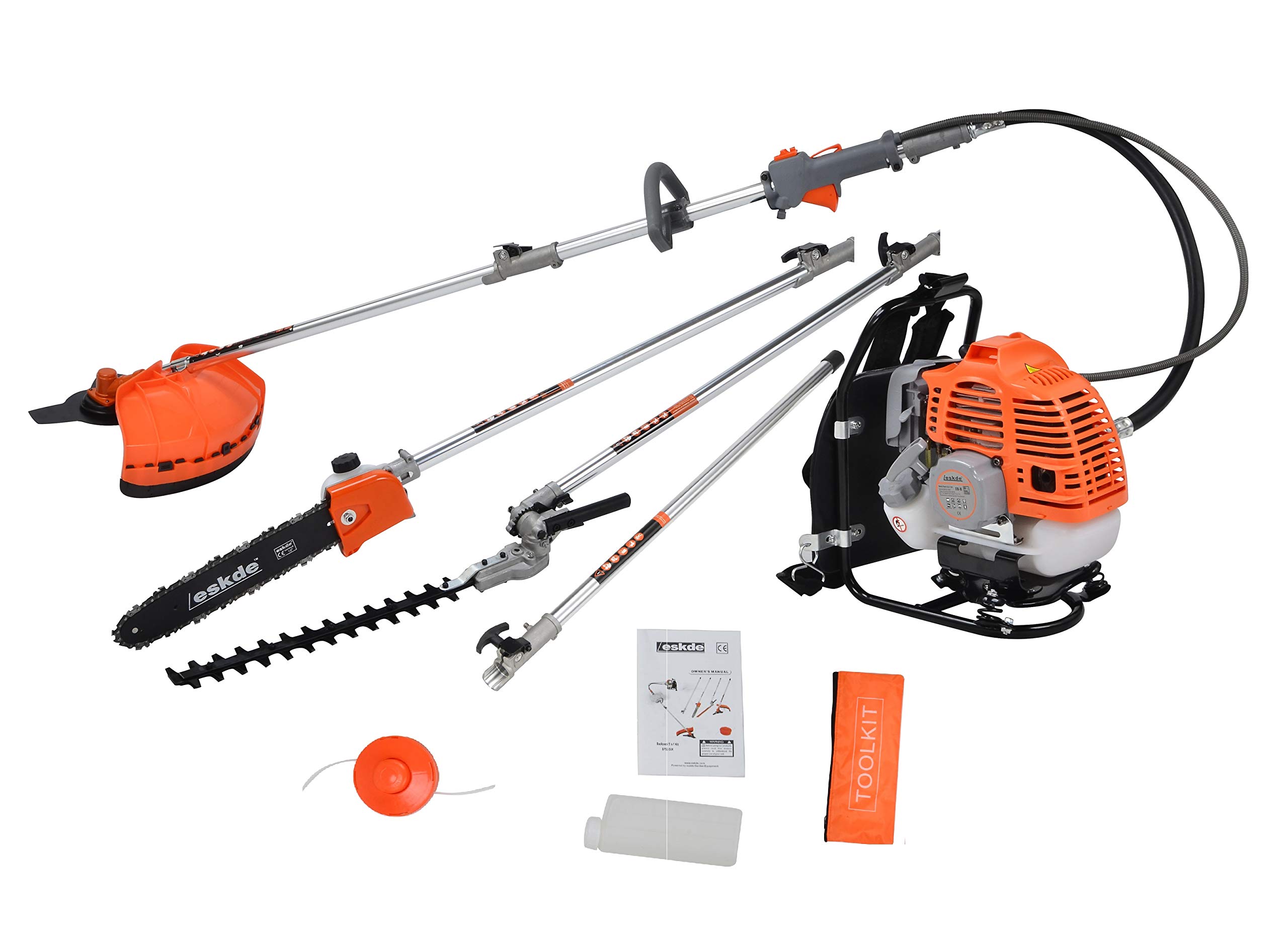 eSkde 5-in-1 Powerful 52cc 2 Stroke Petrol Gardening Backpack Kit including: Brushcutter, Strimmer, Grass Trimmer, Chainsaw, Hedge Trimmer and Extension Pole Attachments.