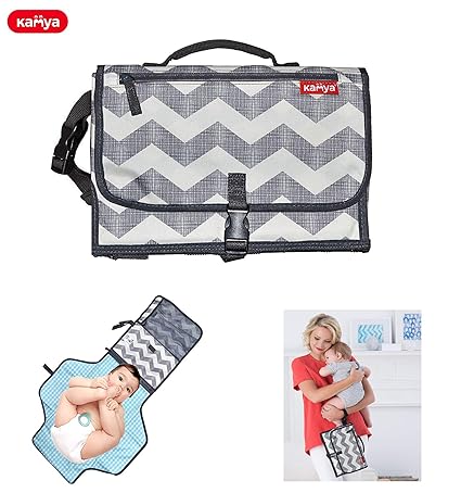 KAMYA Portable Baby Diaper Changing Station, Waterproof Padded Travel Pad with Strap and Clip, 2 Packets (Grey)