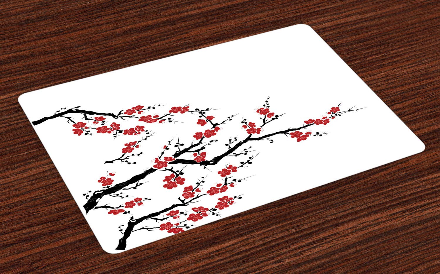 Lunarable Japanese Place Mats Set of 4, Simplistic Cherry Blossom Tree Botanic Themed Pattern Fresh Organic Lines, Washable Fabric Placemats for Dining Table, Standard Size, Cinnamon Red