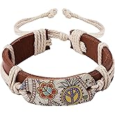 MINACHI Summer Boho Retro Style Rope Braided Cowhide Bracelets, Floral Peace Sign Pendant, Ethnic Jewelry for Women