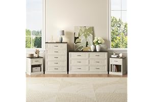 CARPETNAL Farmhouse Dresser and Nightstand Sets for Bedroom, 4 Pcs Bedroom Set, 5 Drawer & 6 Drawer Dresser and Nightstand Set of 2, Wood Chest of Drawers for Living Room, Entryway, White