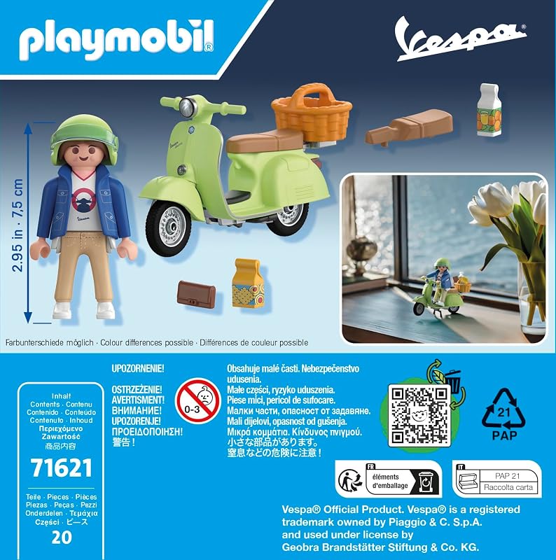 PLAYMOBIL Carros 71621 1969 Vespa 150 Sprint Veloce, Verde Claro, Modelo Fiel para colecionadores e ventiladores, Inclui acessórios versáteis e várias opções de sela