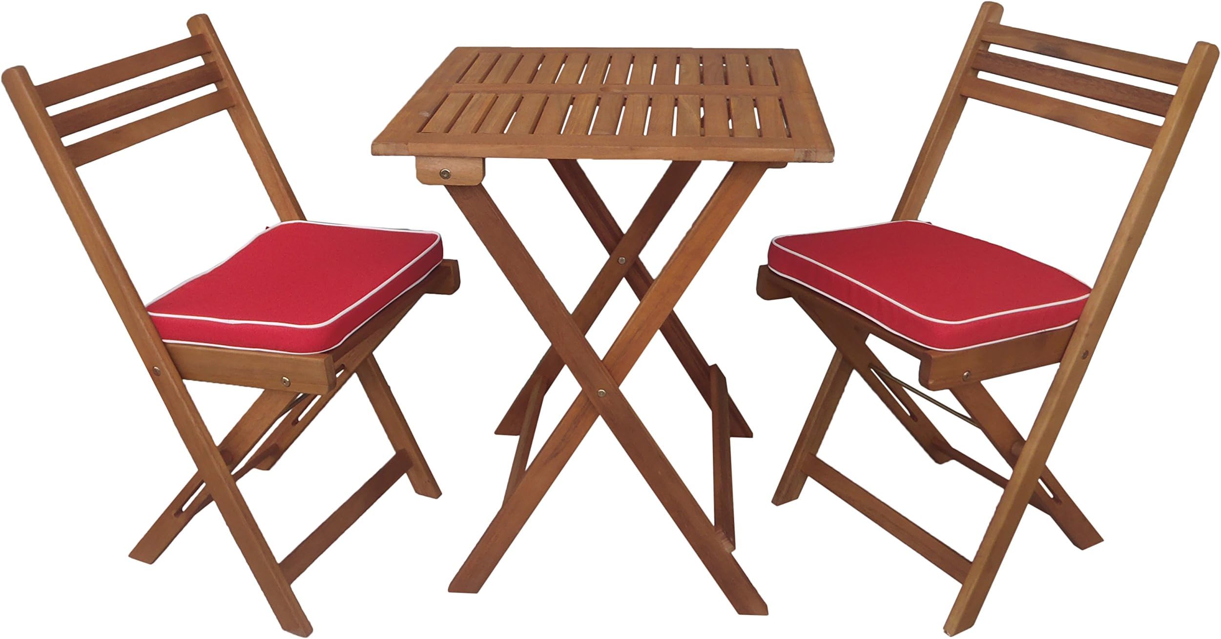 Zen Garden Eucalyptus Foldable 3-Piece Square Bistro Set with Chair Cushions, Teak Wood Finish