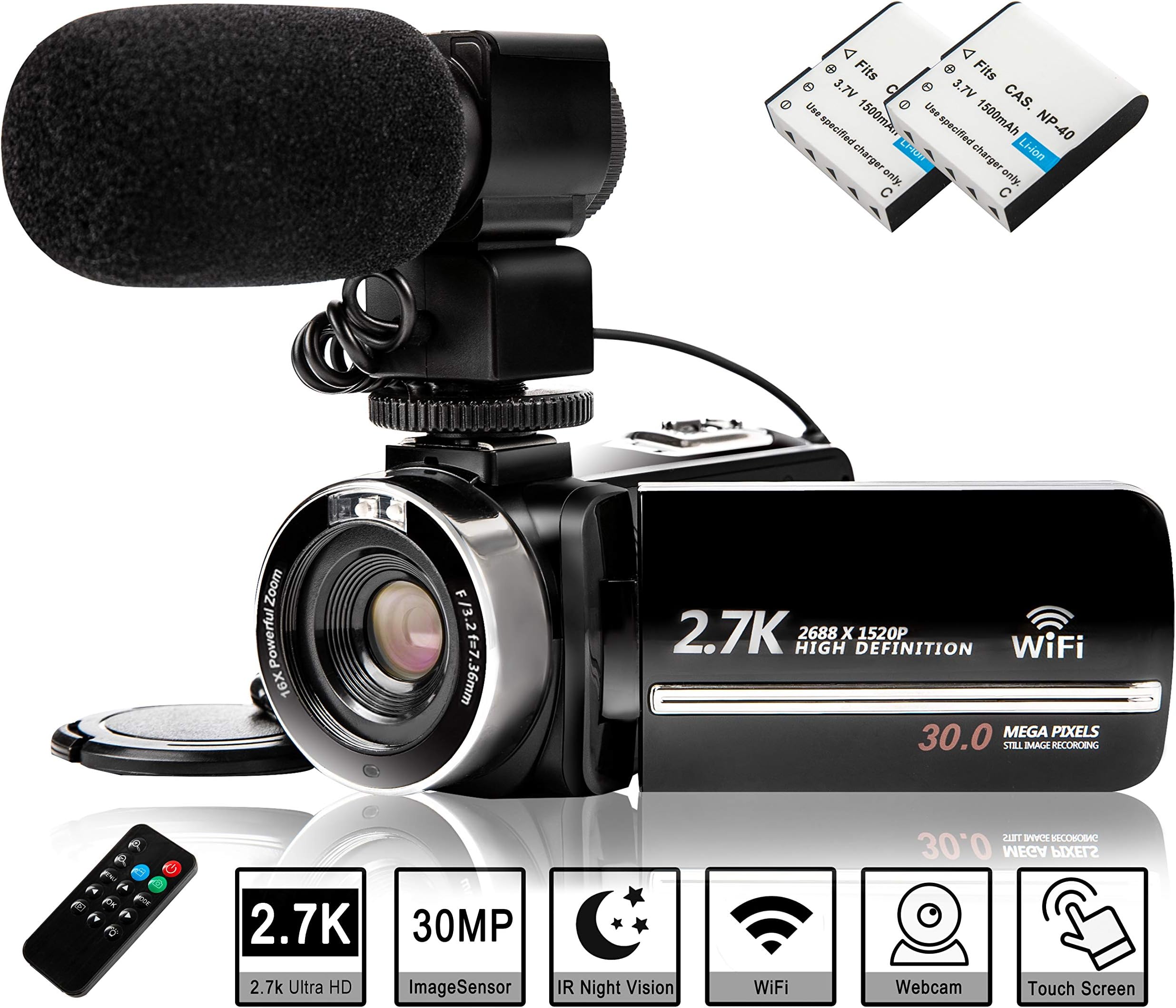 Video Camera Camcorder with Rechargeable Microphone, FHD 2.7K 30FPS