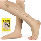 Ailaka Zipper Compression Socks for Women Men, 20-30 mmHg Open Toe Compression Socks Knee High, Ted Hose Compression Stockings for Edema, Varicose Veins