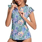 WOWENY Women’s Swim Shirts Rash Guard UPF 50 Sun Protection Zipper Tankini Tops Ruffle Sleeve Bathing Suit No Bottom