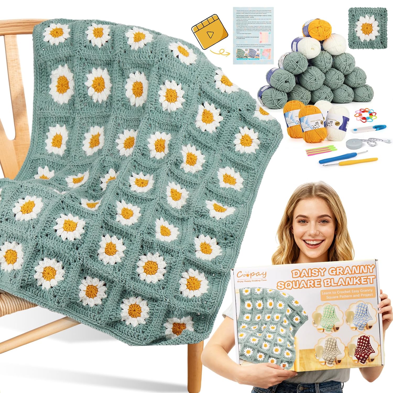 Coopay Crochet Kit for Beginners, Easy Granny Square Crochet Blanket Kit | Crochet Kit w/21 Yarn Skeins, Video Tutorial & Dig