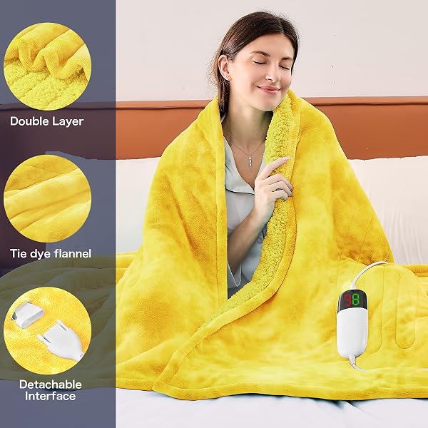 GREENOAK HEATED ELECTRIC BLANKET THROW, FAUX FUR SHERPA HEATING BLANKET FOR SOFA BED, WARM WINTER GIFTS FOR WOMEN/ADULTS, HEATER LAP BLANKETS 5-POSITION TIMER &10 HEATING LEVELS 50”*60″ LEMON