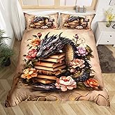 Manfei Black Dragon Duvet Cover Queen Size,Vintage Animals Magic Books Super Soft Bedding Set for All Season Bedroom,Rustic Flowers Botanical Plants Comforter Cover Bedding 3 Piece (No Comforter)