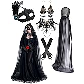 Skicuff 5 Pcs Gothic Halloween Costume Set Halloween Lace Hooded Cloak Women Black Tulle Hooded Cape Satin Gloves Gothic Lace Eye Mask Choker Necklace Earring for Women Witch Cosplay Costume