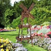 VINGLI Wooden Windmill with Birdhouse &amp; Planter Shelf, Weatherproof Wind Spinner for Outdoor, Decor Wind Mill for Yard, Patio, Garden