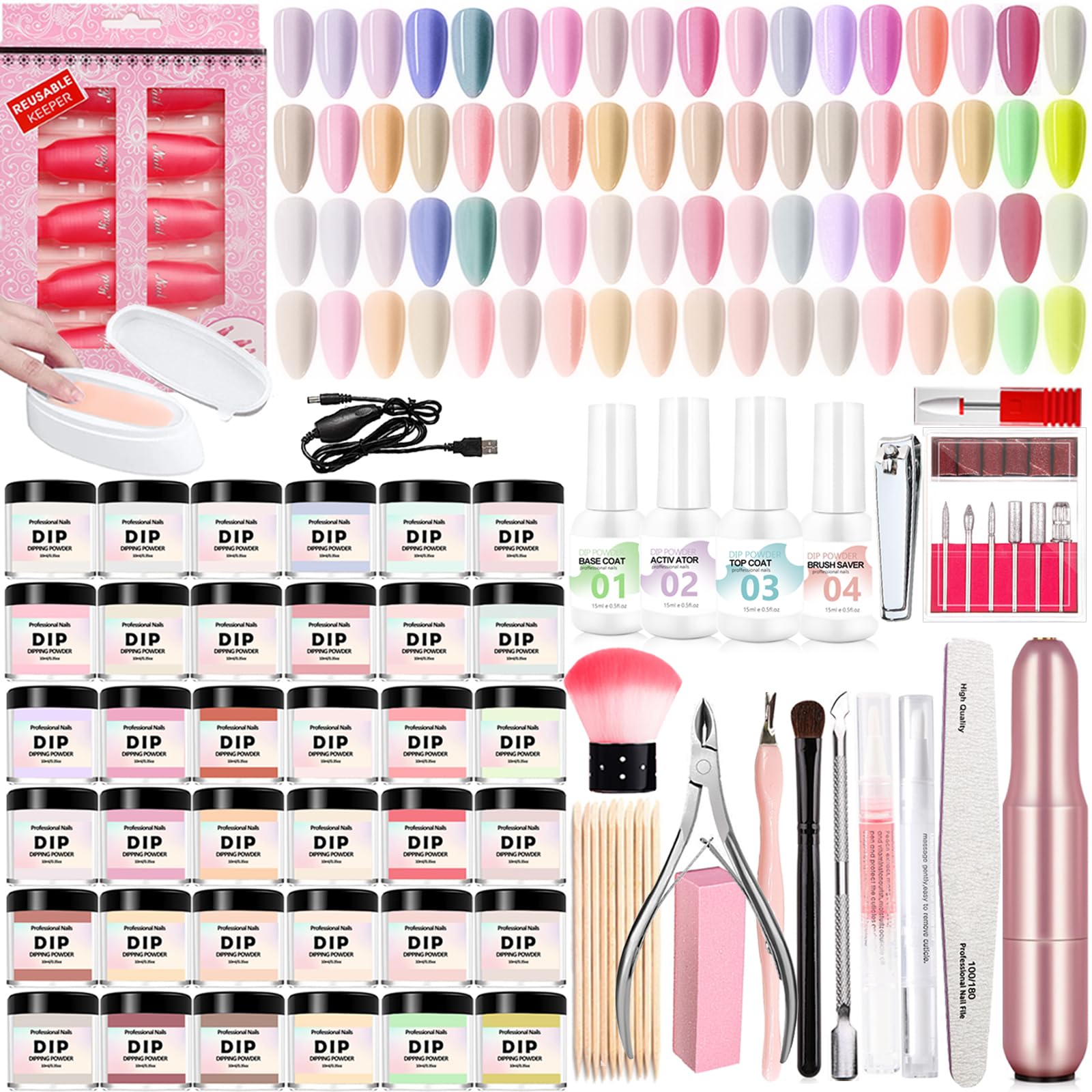 75Pcs Dipping Powder Nail Starter Kit 36 Colors Dip Powder French Set with Base Coat Activator Top Brush Saver Professional Electric Nail Drill Machine for DIY Home & Salon