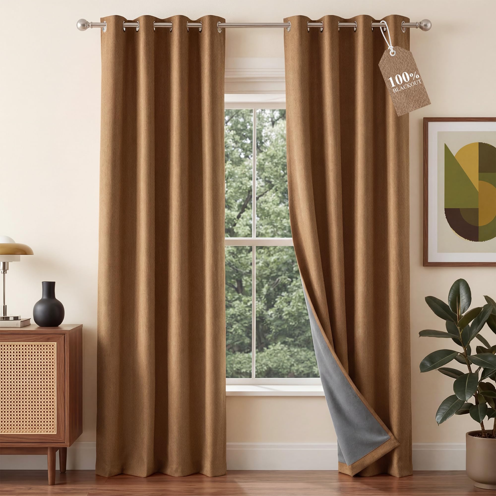 NICETOWN 100% Absolutely Blackout Linen Curtains for Bedroom Living Room, Gold Brown, 52" Wide, 2 Pieces, Privacy Vertical Thermal Insulated Window Drapes 84 inch Long for Shift Workers Image