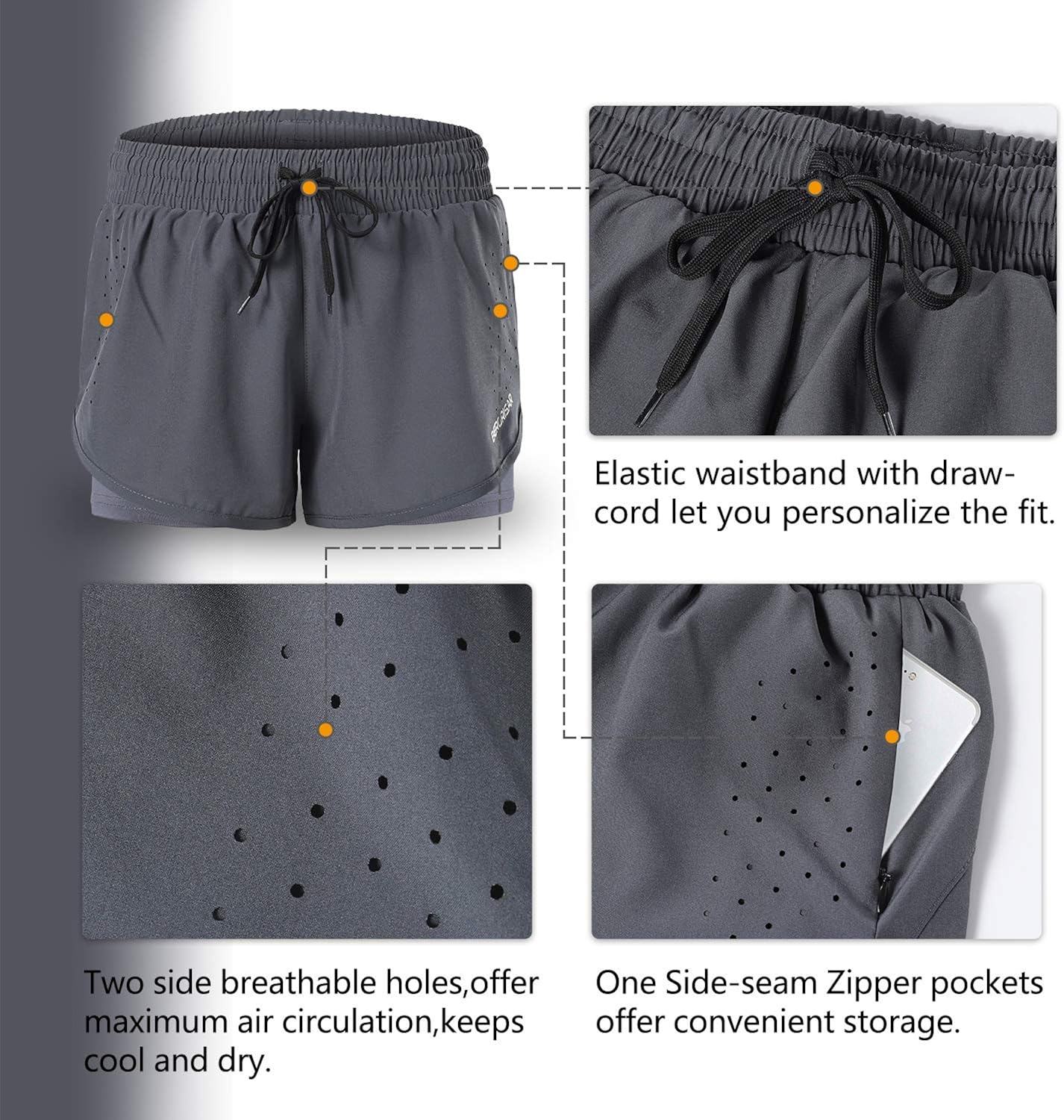 BERGRISAR Womens 3 Workout Yoga Active Running Shorts 2 in 1 with Side