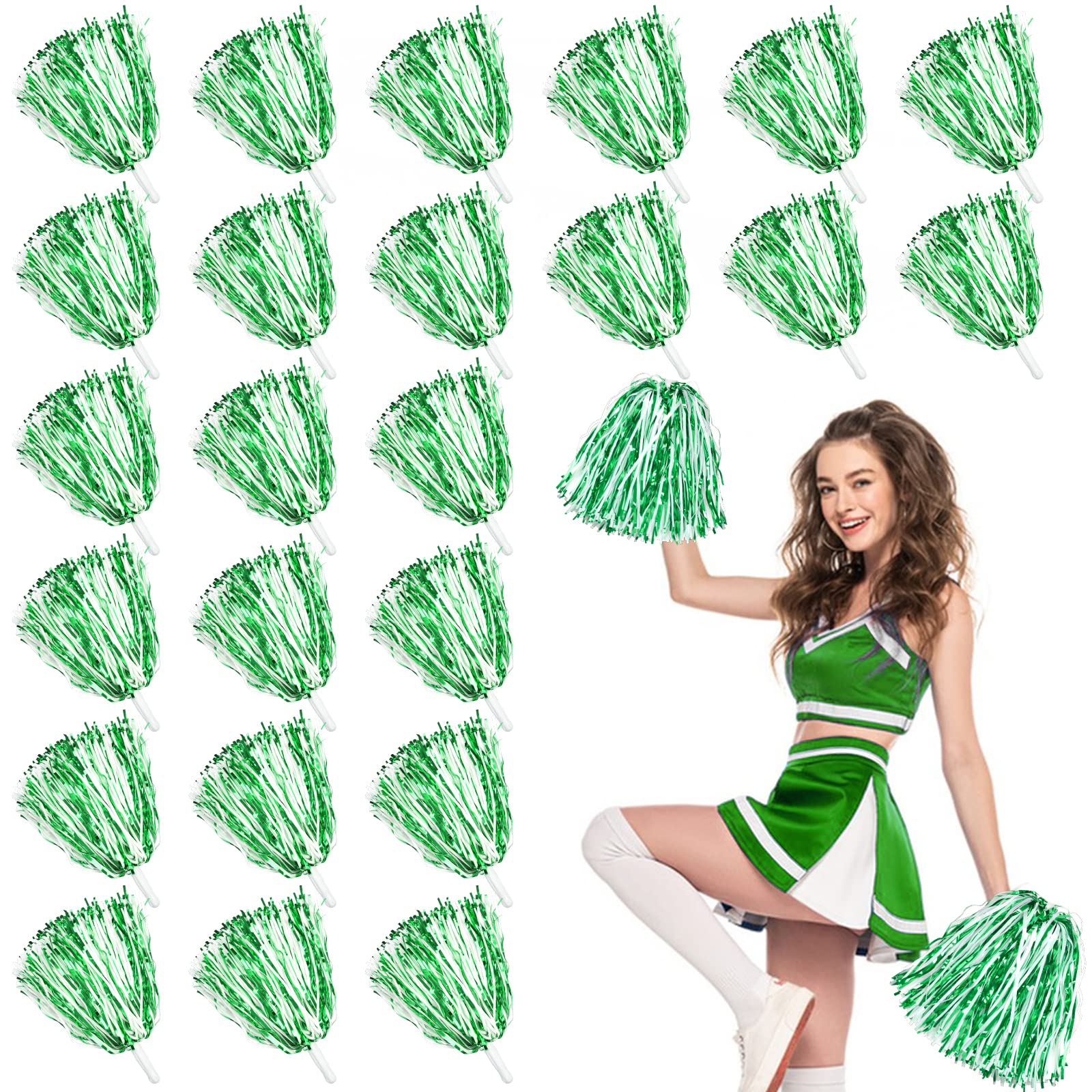 LINYAPRY 24 Pcs Metallic Cheerleading Pom Poms for Kids, Cheerleaders Cheer Pom Poms with Baton Handle, Cheering Squad Hand Flower for Adults Team Spirit Sports Game Dancing Party (Green and White)