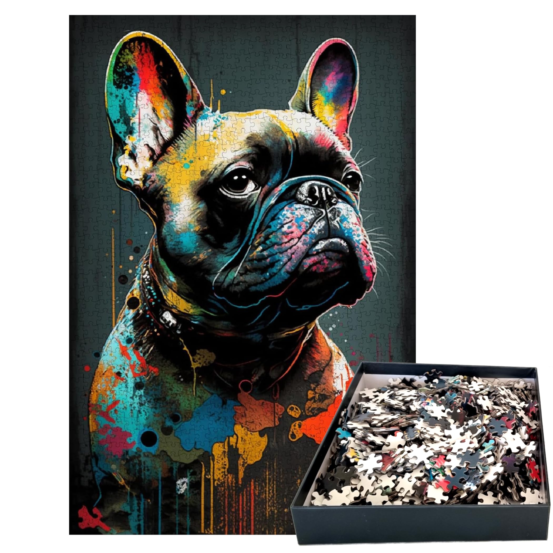 GreenAnoo Adult Puzzle 1000 Pieces Animal Popart – French Bulldog Dog – Wall Decoration – Frame 50 x 75 cm – Premium Quality FSC Cardboard 2 mm