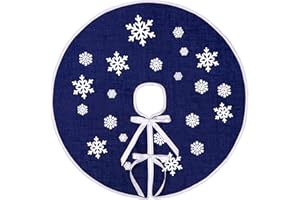 N&T NIETING Christmas Tree Skirt, 30 Inch Rustic Burlap Tree Skirt with Snowflakes Printed Christmas Tree Mat for Xmas Holiday Party Decoration, Dark Blue