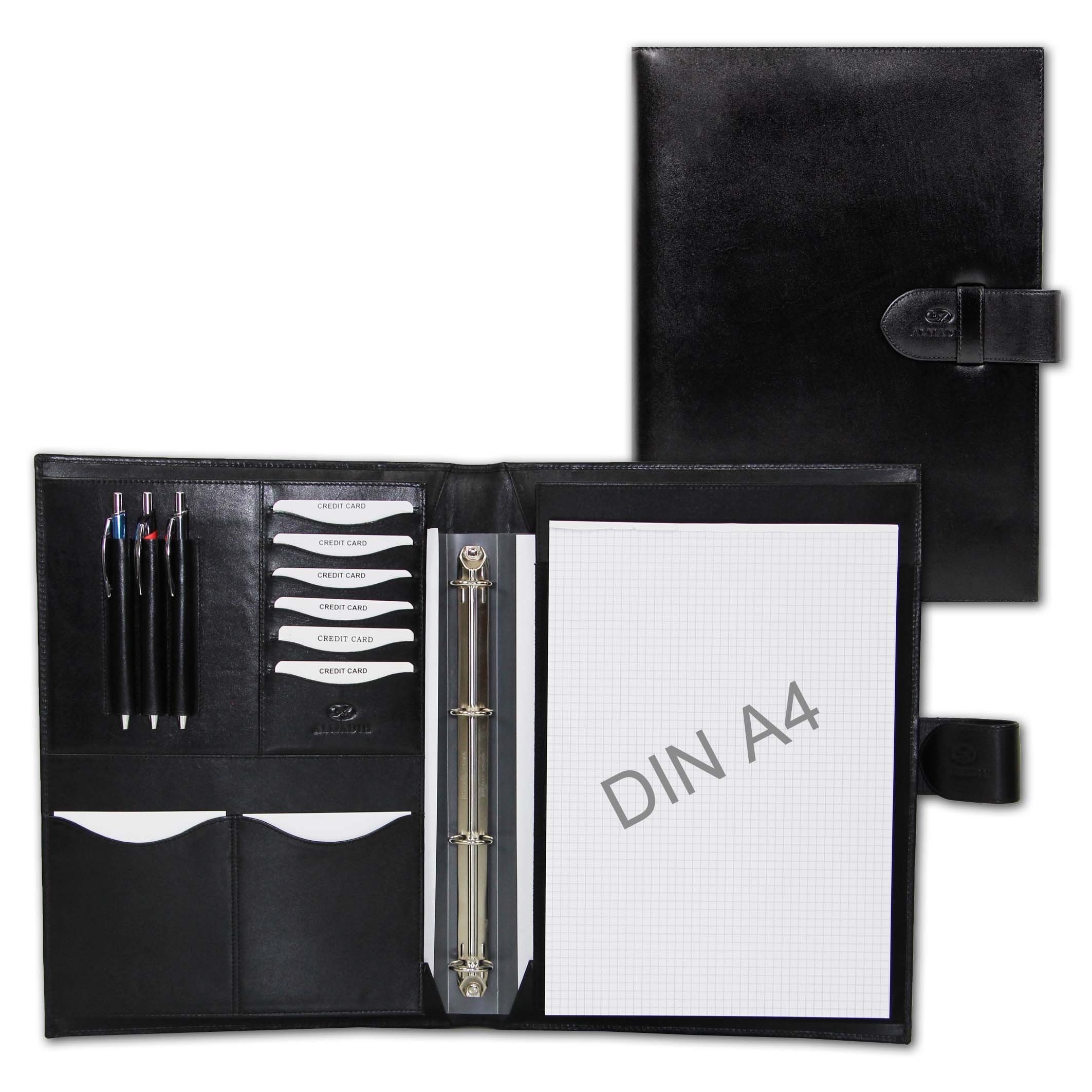 ALMADIH Leather A4 Conference Folder with detachable Ring Binder + Writing Pad made from Premium Cow Leather black – Business Writing Case Organizer Personal Planner System Portfolio Folio Workbook