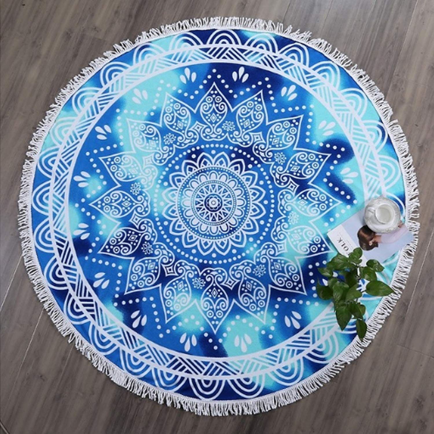 btcus4 Round Beach Towel Thick Microfiber Circle Blanket with Tassels Multi-Purpose Ultra Soft Super Water Absorbent Digital Printing High Color Fastness Sunscreen Yoga Mat Camping (119-blue Mandala)