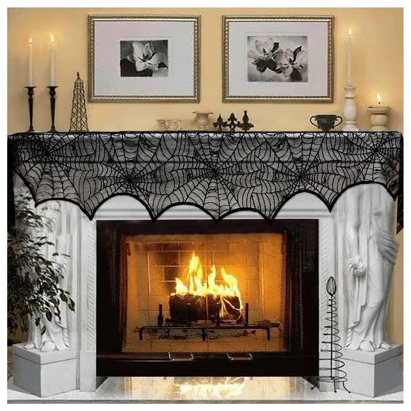 Photo 1 of AerWo Halloween Decoration Black Lace Spiderweb Fireplace Mantle Scarf Cover Festive Party Supplies 45 X 243cm 18 x 96 inch
