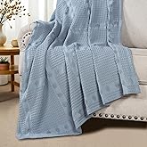 Superior Waffle Weave Cotton Blanket, Comfy Blanket for Bedroom Decor, Picnic, Beach, Traveling, Bedding Essentials, Bed Cover, Couch, Lounging, Geometric Design, Mai Collection, Throw, Light Blue