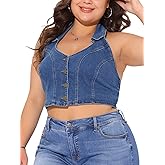 Agnes Orinda Plus Size Denim Vest for Women V Neck Button Down Sleeveless Casual Jean Jacket