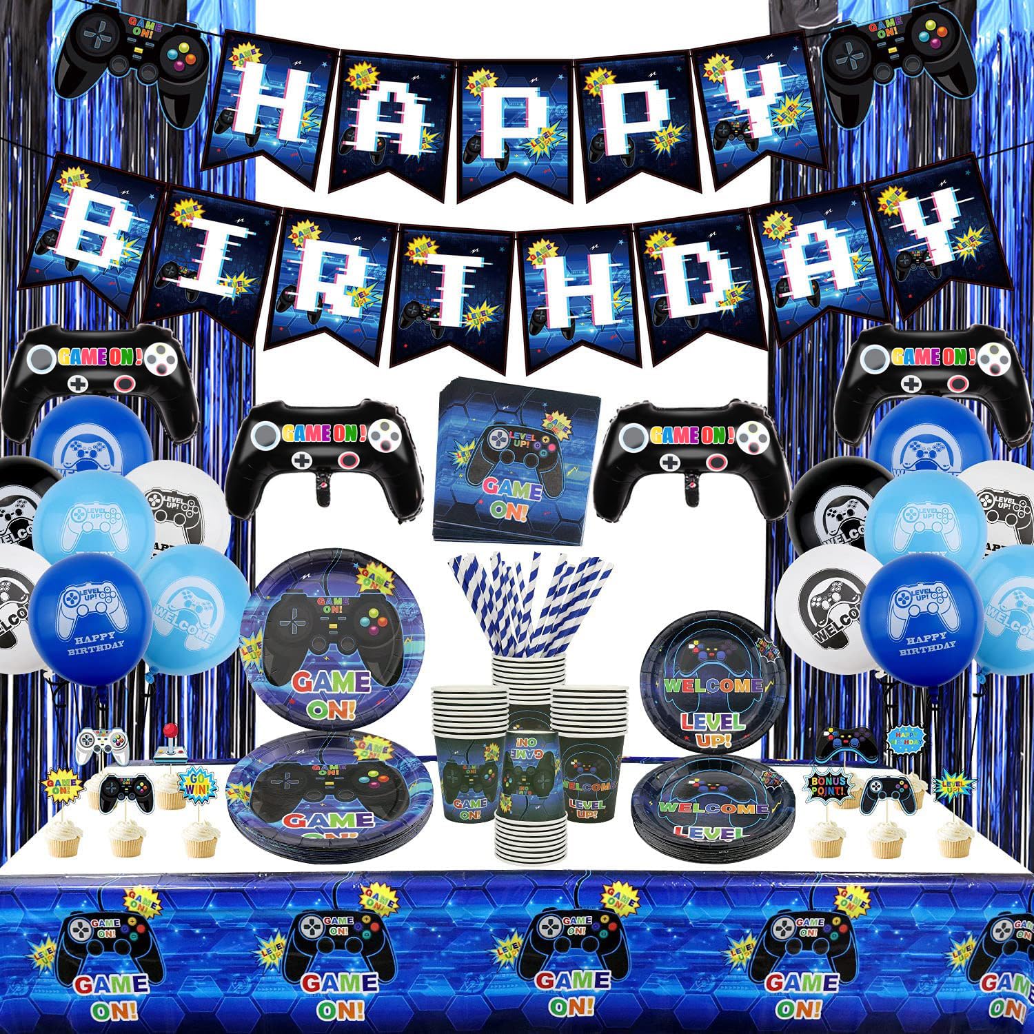 Hegbolke Video Game Party Supplies - Gamer Birthday Decoration Kit for Boys, Including HAPPY BIRTHDAY Banner, Plates, Cups, Napkins, Tableware, Tablecloths, for Kid Birthday Decoration - Serves 20