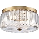 Ashbourne Semi Flush Mount Ceiling Light, Modern Gold Finish with Clear Ribbed Glass Shade, Mid-Century Drum Fixture for Bedr