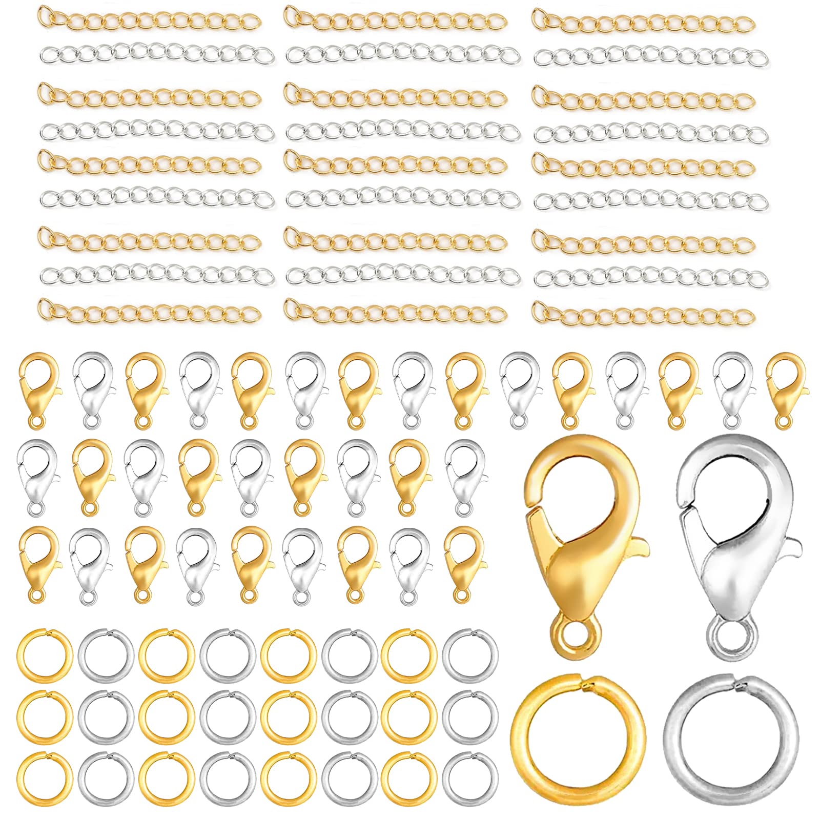 ZOCONE 400 Pcs Jewelry Bracelet Clasps Kit with 100 Lobster Claw Clasps, 200 Open Jump Rings, 100 Bracelet Necklace Extender Chain Alloy Jewelry Clasps Set for DIY Craft Jewellery Making-Gold/Silver
