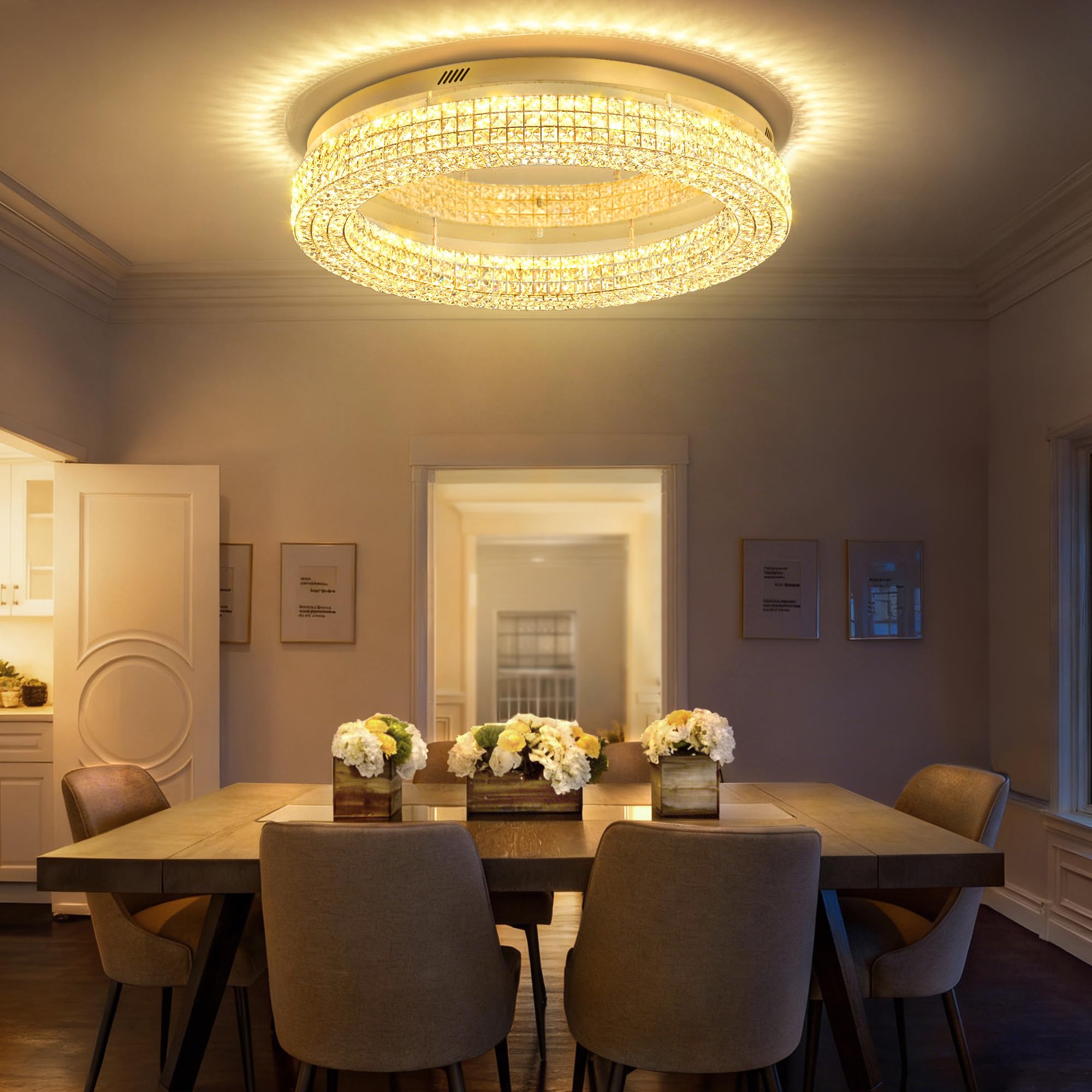 Photo 1 of ykolupty 40'' Crystal Chandelier for Living Room Large Chandeliers for Living Room Crystal Flat Mounted Ceiling Lights Dining Room Bedroom Dimmable 2700-6000K (Gold Chandelier)