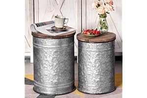 Breezestival Farmhouse Decor End Table Rustic Galvanized Side Coffee Table Storage Barrels with Wooden Lids Rustic Ottoman Seat Nesting Pieces 2 (Horizontal Pattern)