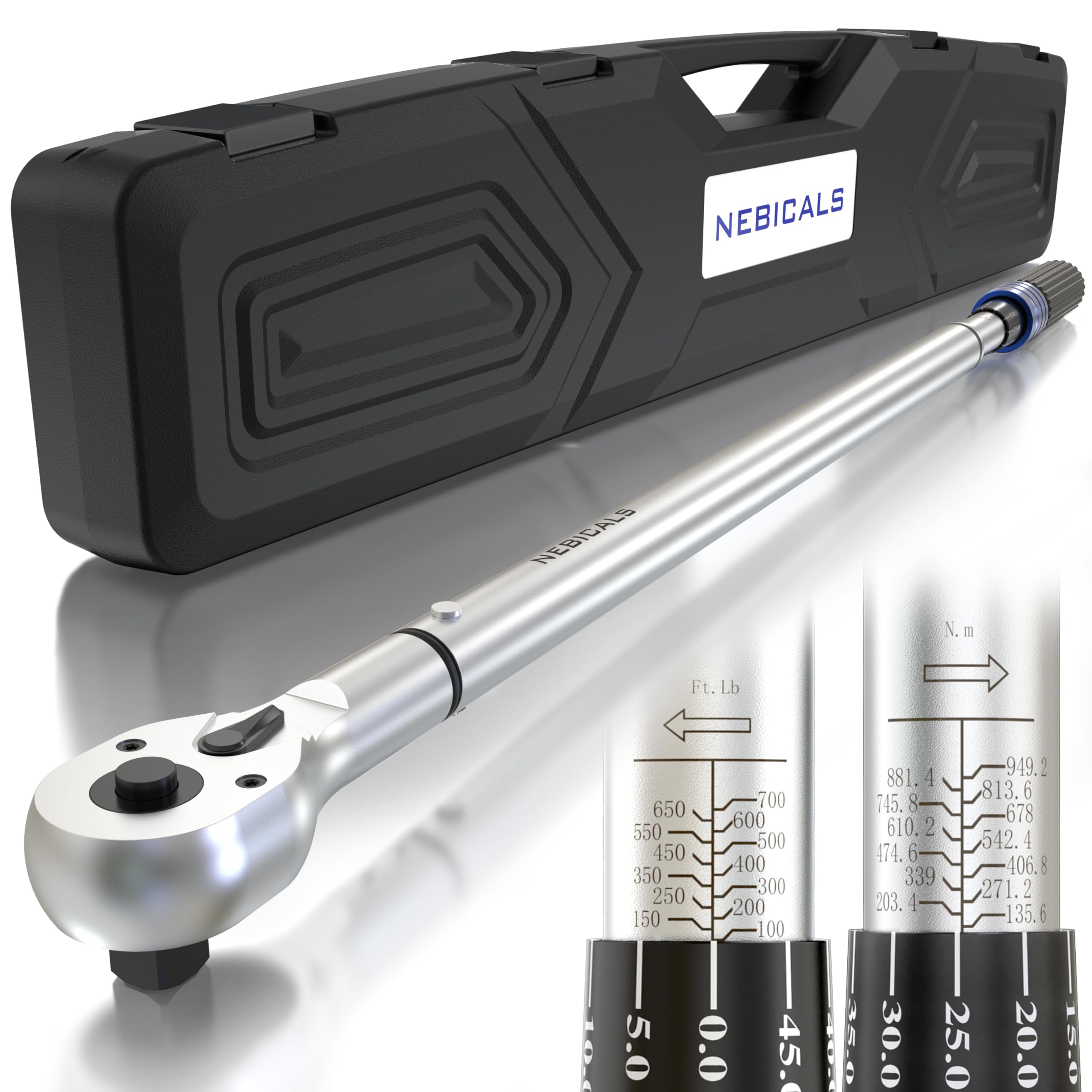 Photo 1 of ***MISSING PIECES***NEBICALS 3/4'' Inch Drive Torque Wrench 100-700 Ft Lb / 135-949 Nm/Heavy Duty/Dual Direction/High hardness/Long lifetime/Stored In a Solid Case