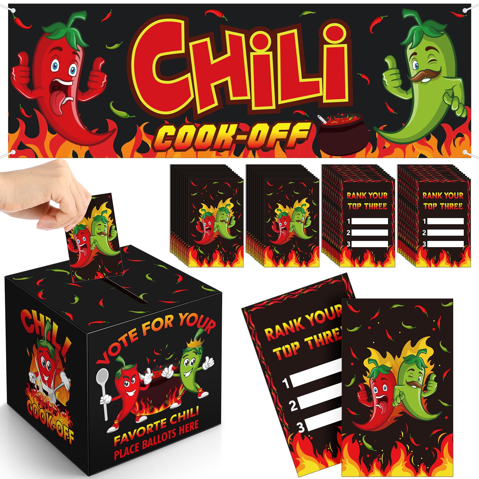 Photo 1 of Oudain 62 Pcs Chili Cook off Decorations Set, 71" x 24" Chili Cook off Banner, Pepper Contest Ballot Box with 60 Voting Cards for Mexican Fiesta Cooking Contest BBQ Party Supplies(Black)