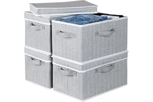 Zilink Storage Bins with Lids (4 Packs) Decorative Baskets for Organizing Stackable Storage Bins for Shelf Nursery Bedroom Home Grey