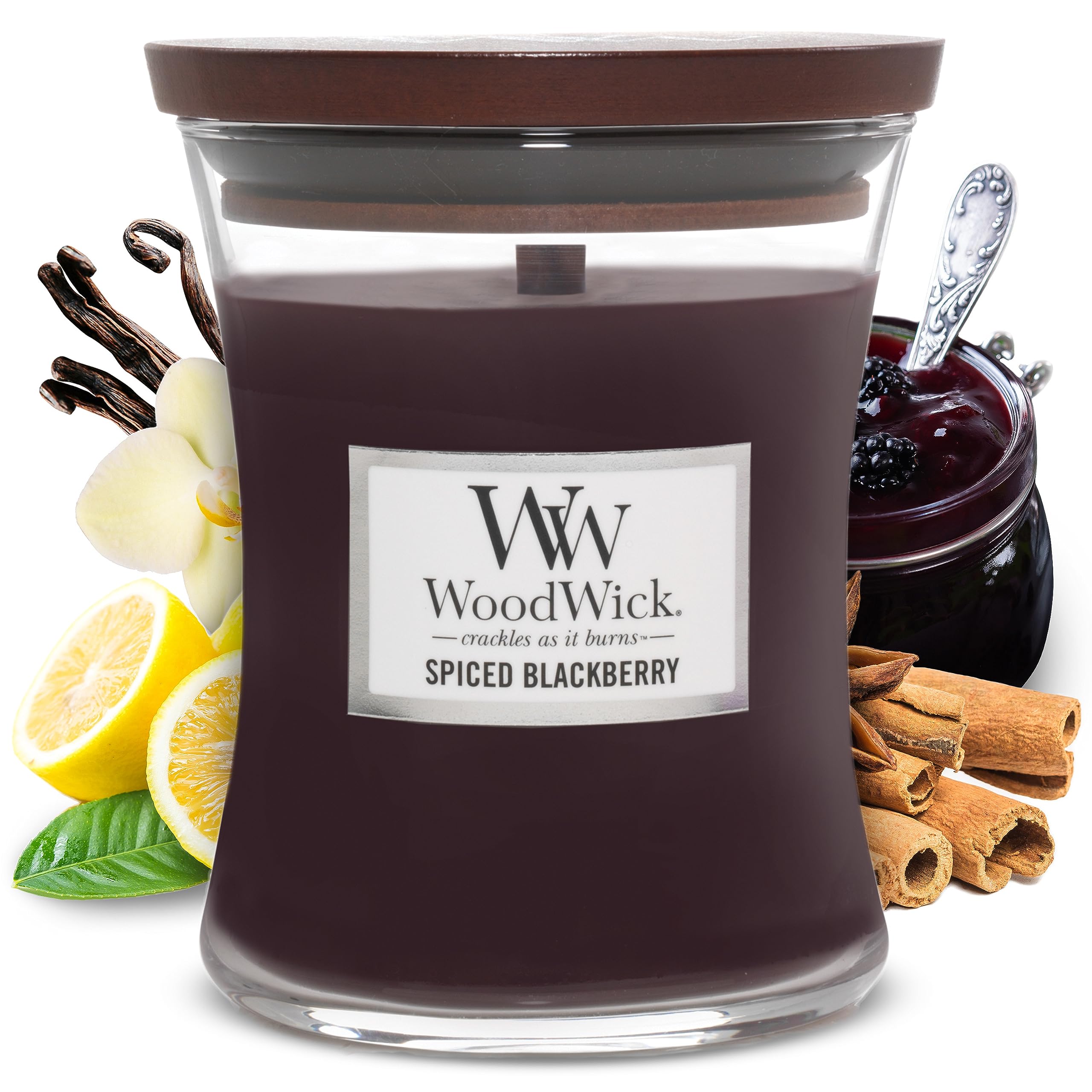 WoodWick Medium Hourglass Scented Candle | Spiced BlackBerry | with Crackling Wick | Up to 60 Hours Burn Time