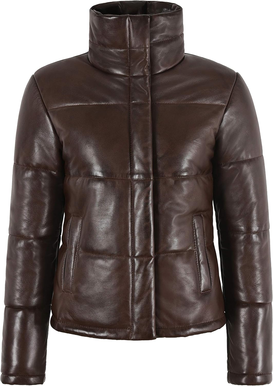 LADIES PUFFER JACKET Real Lambskin Leather Brown Quilted Padded Winters Jackets 5454 at Amazon 