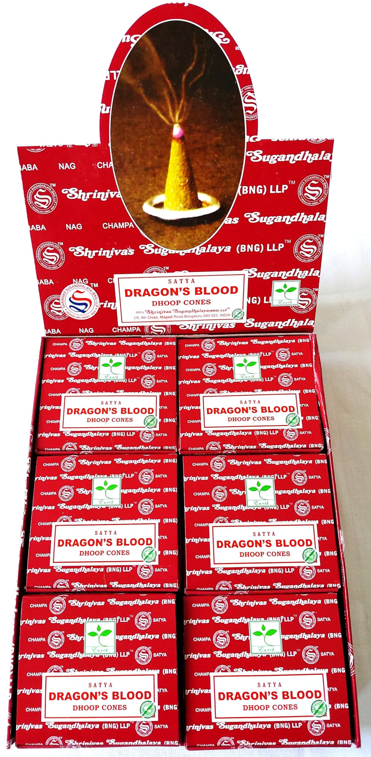 Satya Nag Champa Incense Cones, Dragons Blood Scent, 12 Packs of 12 Cones in each pack (12, Dragons Blood)
