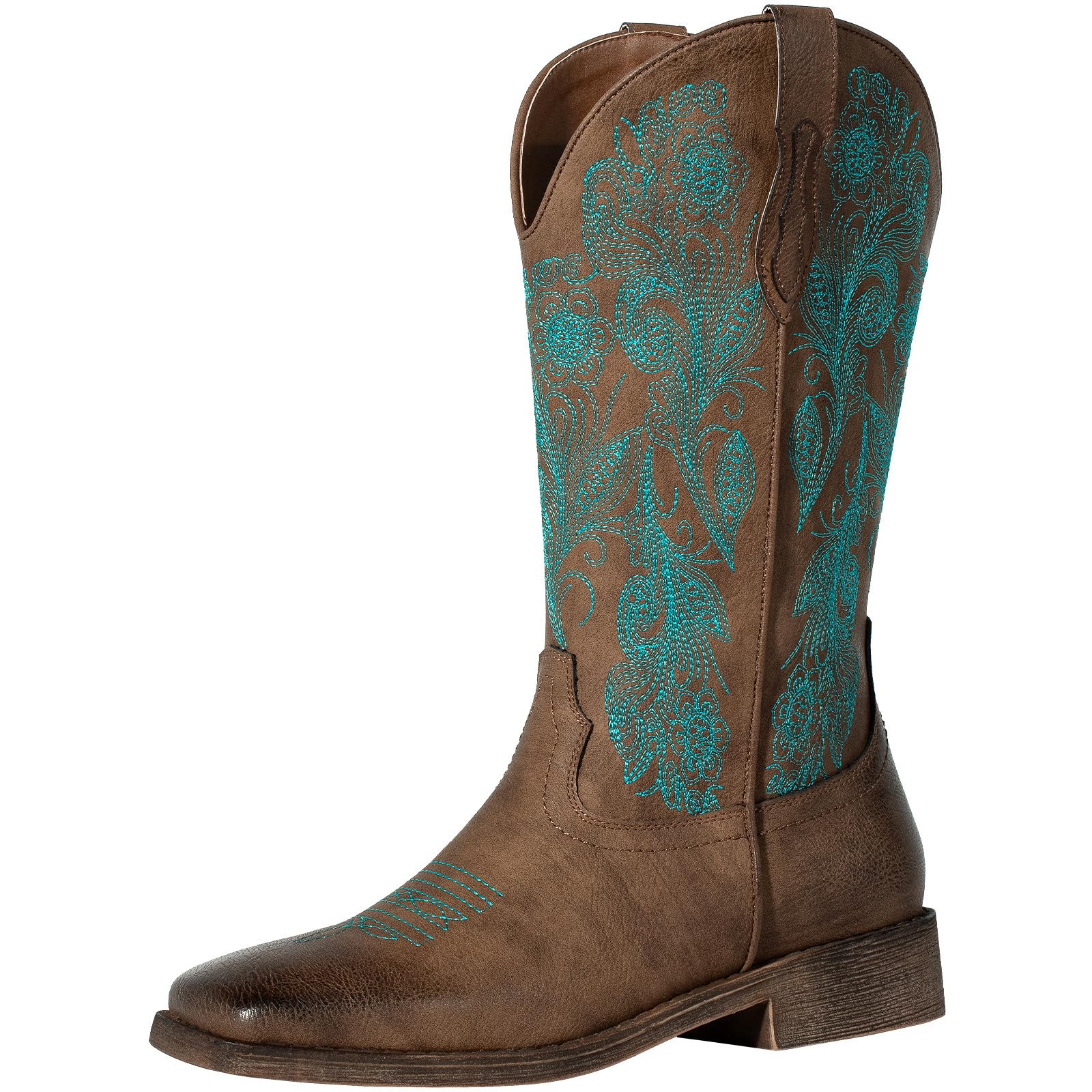 Photo 1 of J's.o.l.e Women's Floral Embroidered Cowboy Boots Square Toe Fashion Western Cowgirl Boots Dark Brown Size 8