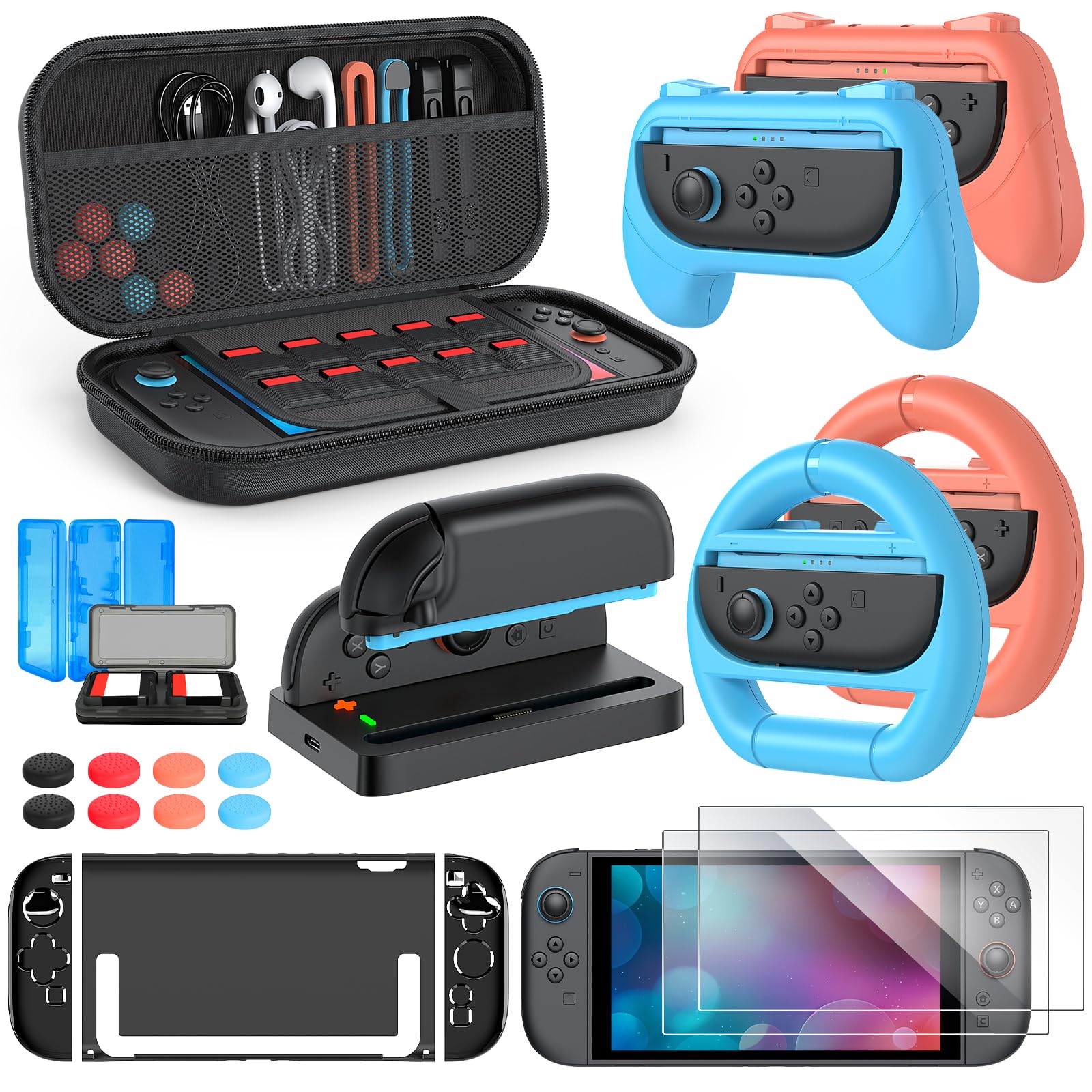 Switch 2 Zubehörpaket für Switch 2, 24 IN 1 Kit, Switch 2 Slim Case, 2 Displayschutzfolien, Ladestation für Switch 2 mit Kabel, 2 Lenkräder, für Joycon 2 Schutzhülle & 2 Griffe, 8 Daumengriffe, 2 Spie 8