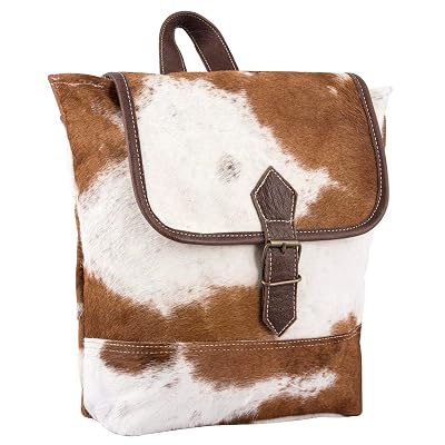 cowhide leather sierra backpack Natural Brown and White Cow Print MAHI Leather it includes an exterior slip pocket Cowhide Hair Print Diaper Backpack