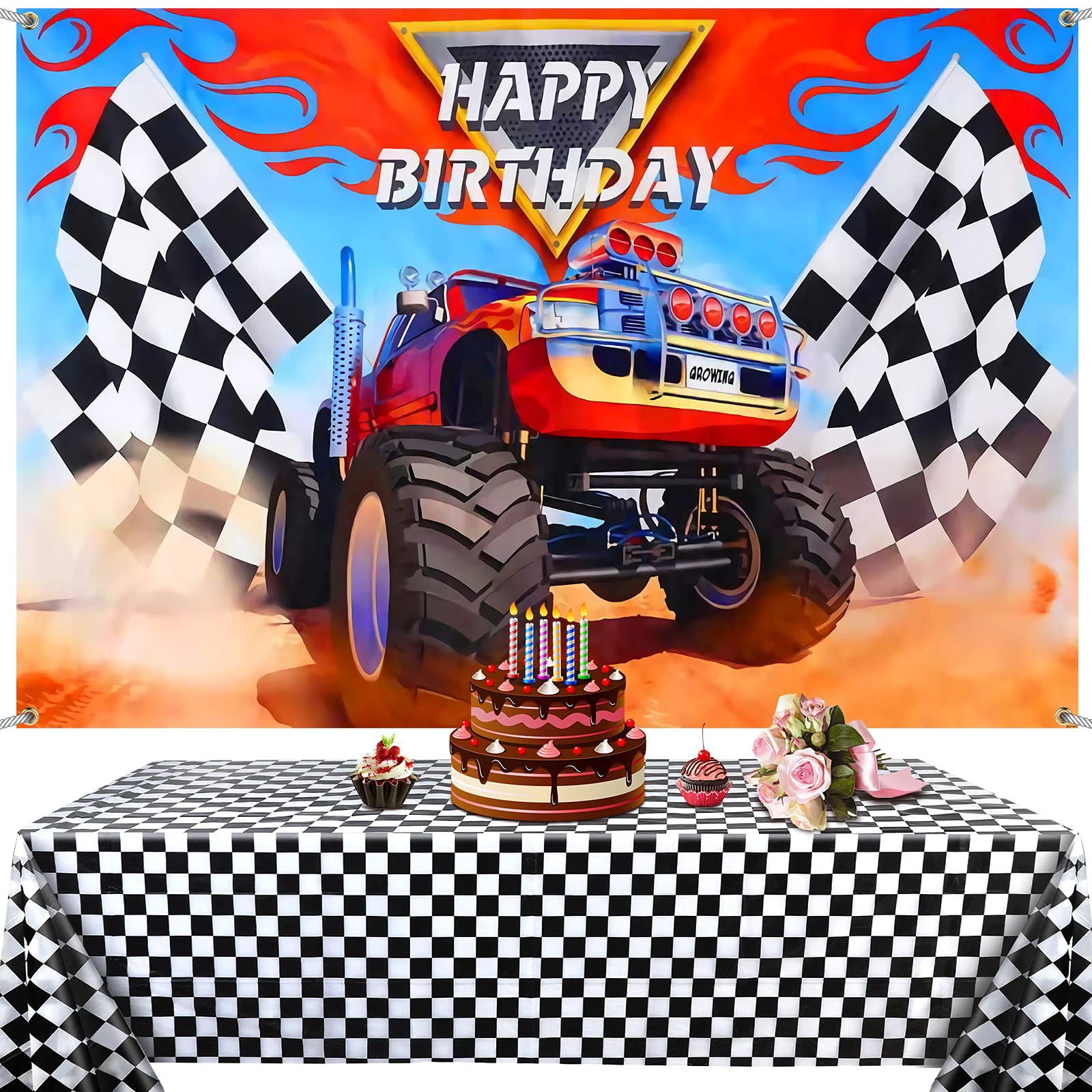 Monster Truck Party Supplies Include 1 Piece Monster Truck Backdrop 1 Piece Plastic Checkered Flag Tablecloth, Happy Birthday Monster Truck Grave Digger Theme Backdrop Picnic Table Cover for Party